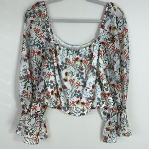 Alice + Olivia Square Neck Cropped Blouse Balloon Sleeve Floral Vintage Size Lar